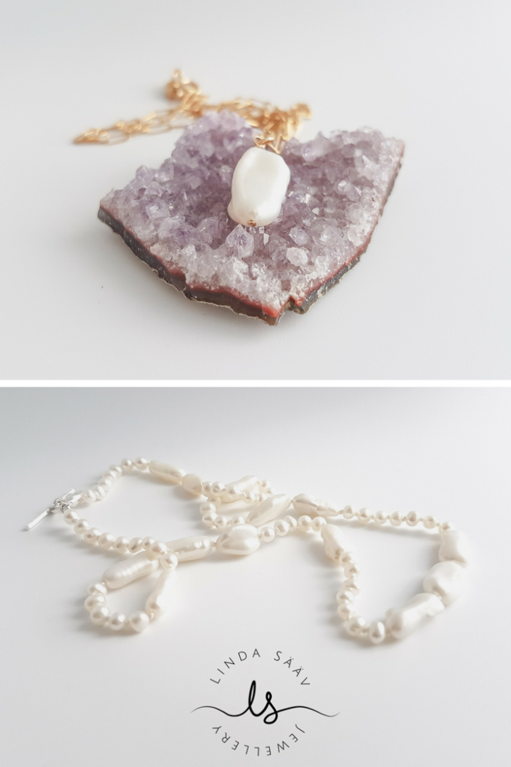 Simple baroque freshwater pearl pendant paired with a luxurious 14k gold fill chain with elongated links. Handknotted freshwater and baroque pearl necklace using white silk thread and finished with a modern and minimal sterling silver toggle clasp. By Linda Sääv Jewellery.