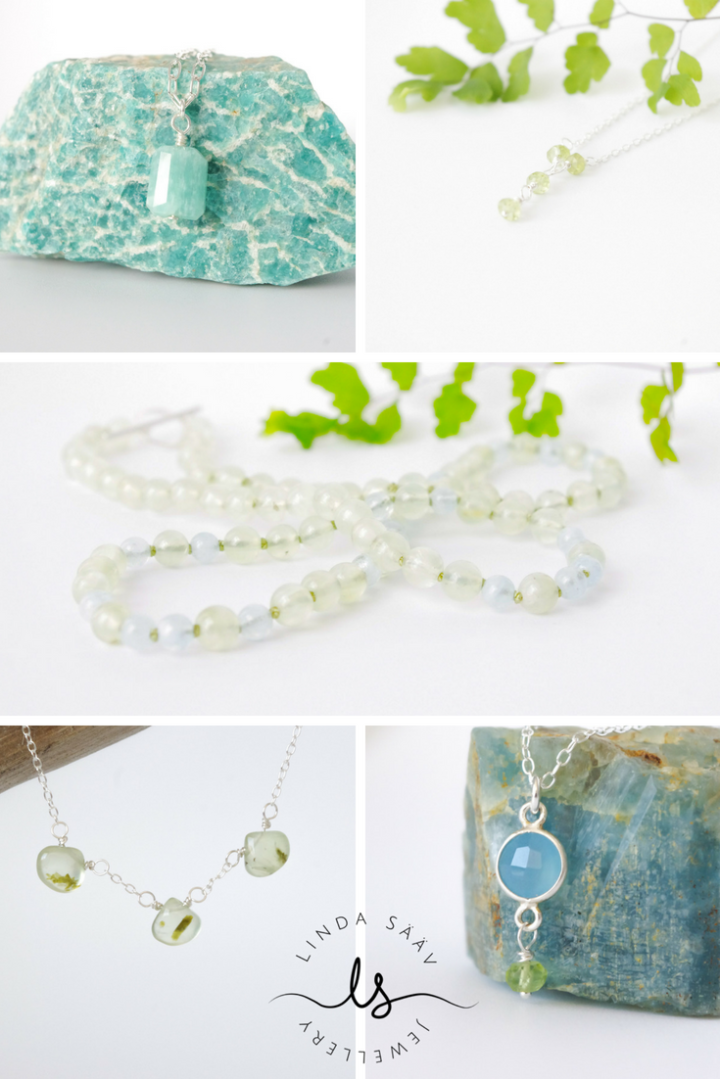 Spring necklaces in shades of green and blue by Linda Sääv Jewellery.
